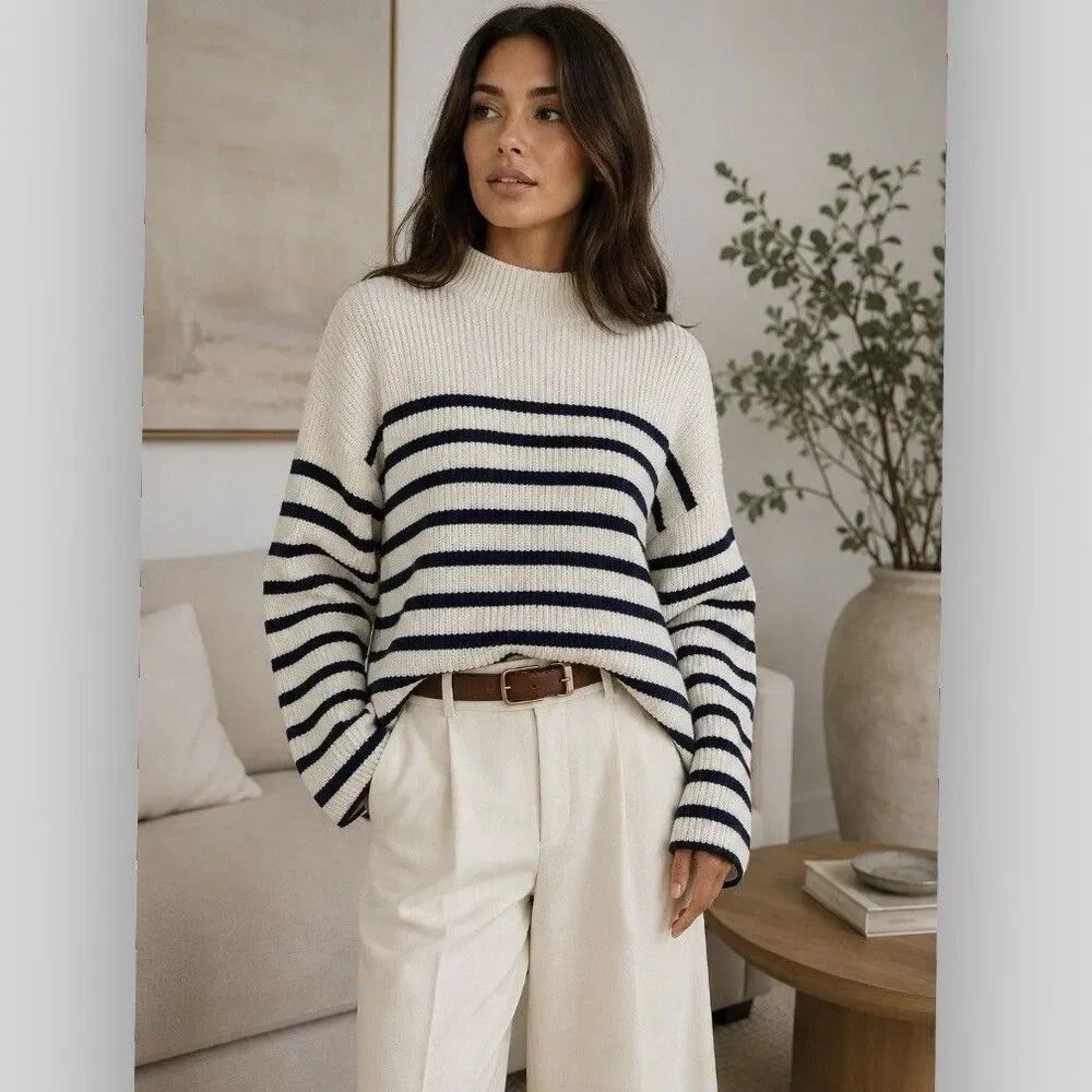 Rails Claudia Cream Navy Stripe Wool Cashmere Blend Mock Neck Sweater Size Small